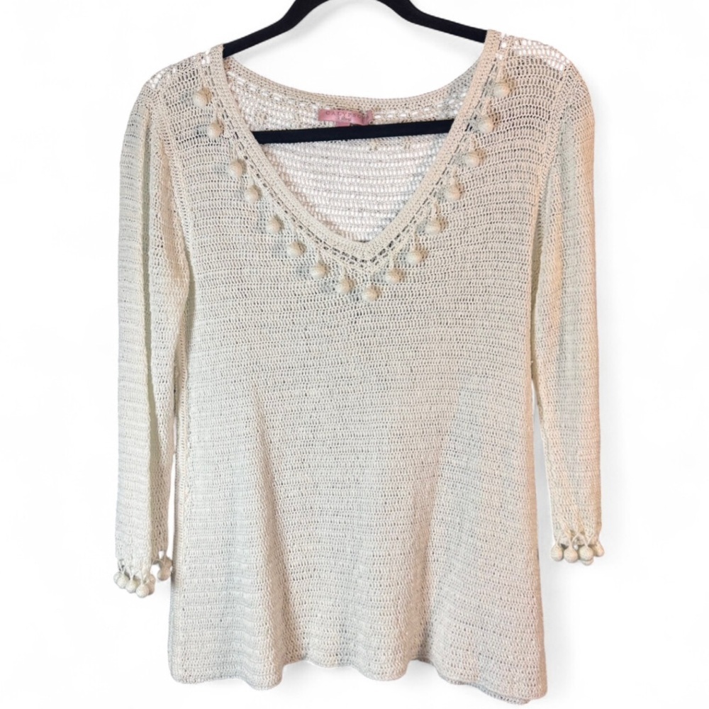 Calypso St. Barth Cream Open-Knit Sweater with Pom Pom Trim